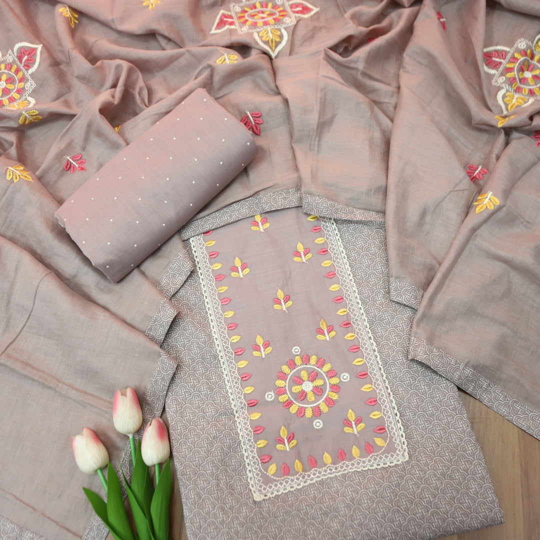 Ruhi Fossil Grey Embroidered Patch Printed Cotton Set