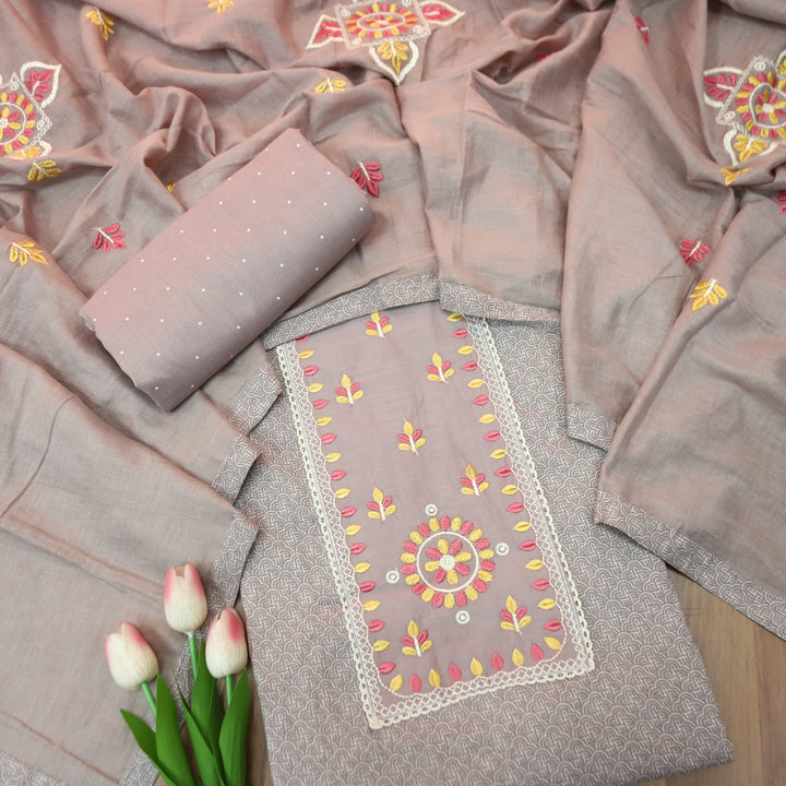 Ruhi Fossil Grey Embroidered Patch Printed Cotton Set