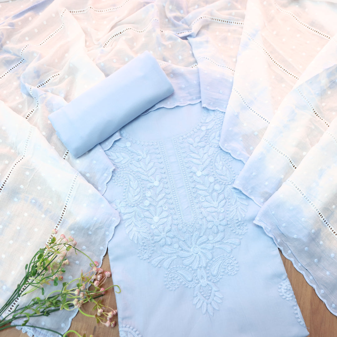 Apurva Powder Blue Chikankari inspired Thread Neck Work Cotton Suit Set