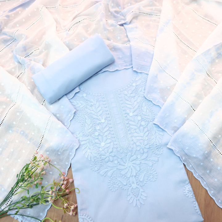 Apurva Powder Blue Chikankari inspired Thread Neck Work Cotton Suit Set