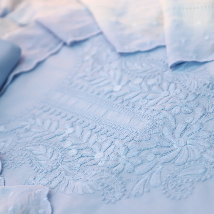 Apurva Powder Blue Chikankari inspired Thread Neck Work Cotton Suit Set
