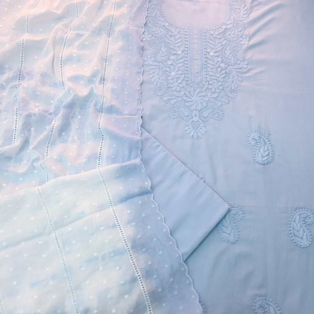Apurva Powder Blue Chikankari inspired Thread Neck Work Cotton Suit Set
