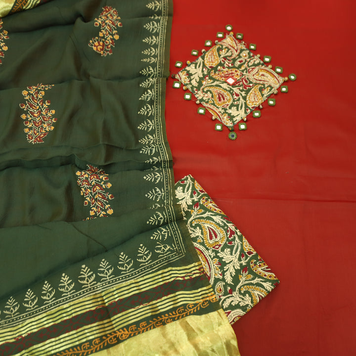Saheli Bride Red Mirror Work Applique Kalamkari Jam Cotton Set