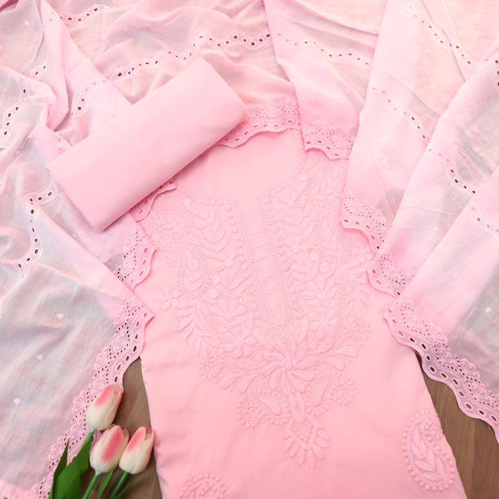 Apurva Pinkish Mauve Chikankari inspired Thread Neck Work Cotton Suit Set