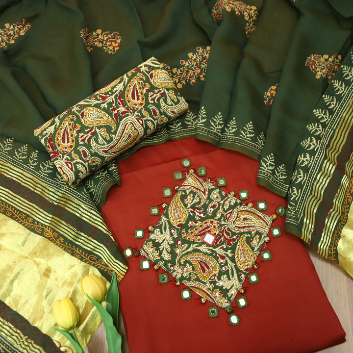 Saheli Bride Red Mirror Work Applique Kalamkari Jam Cotton Set