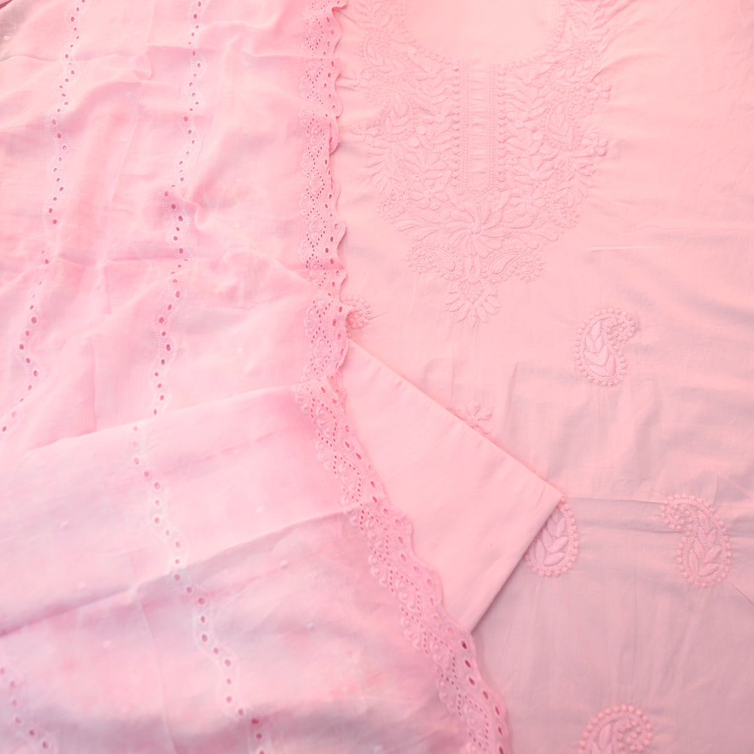 Apurva Pinkish Mauve Chikankari inspired Thread Neck Work Cotton Suit Set