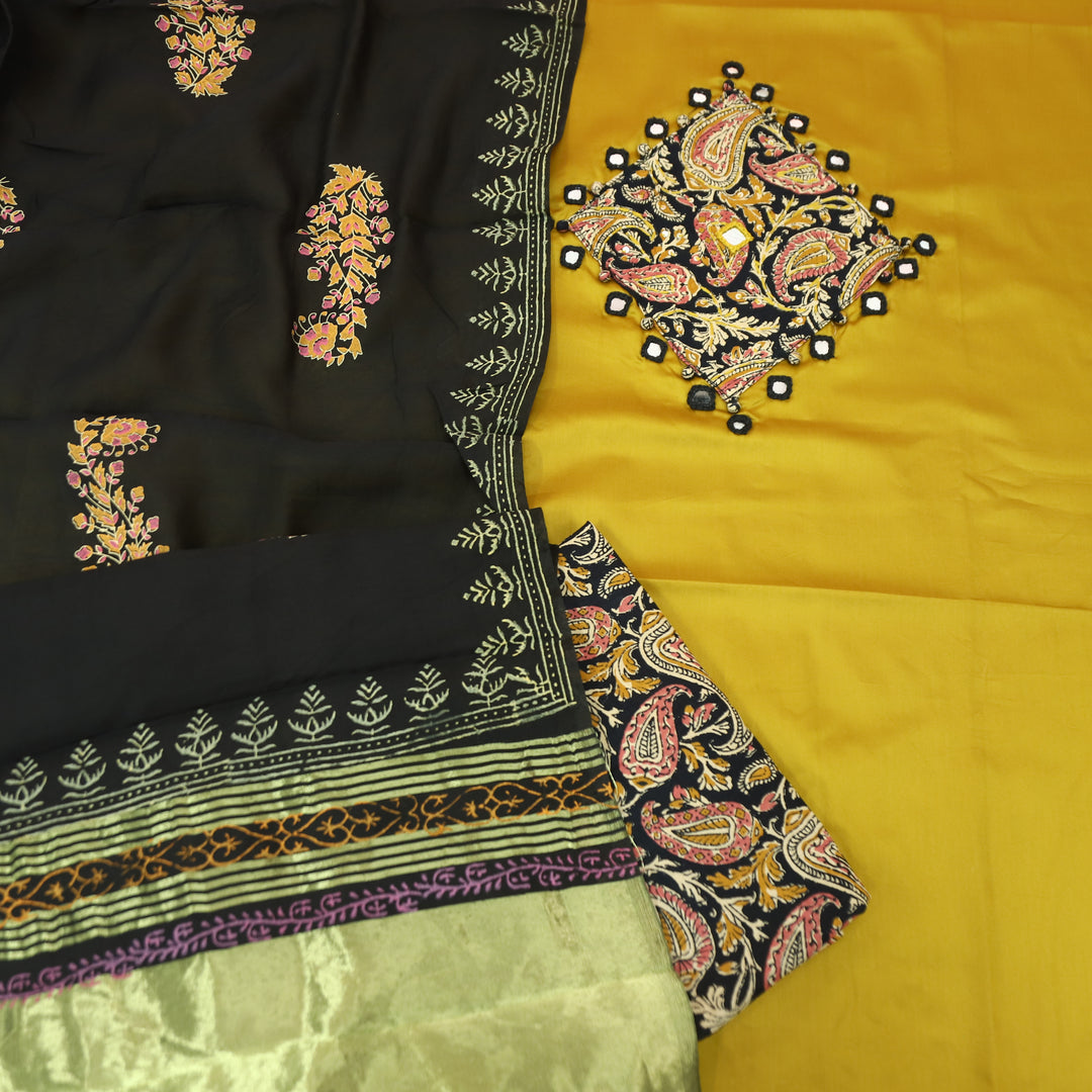 Saheli Yellow Mirror Work Applique Kalamkari Jam Cotton Set