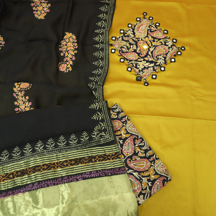 Saheli Yellow Mirror Work Applique Kalamkari Jam Cotton Set