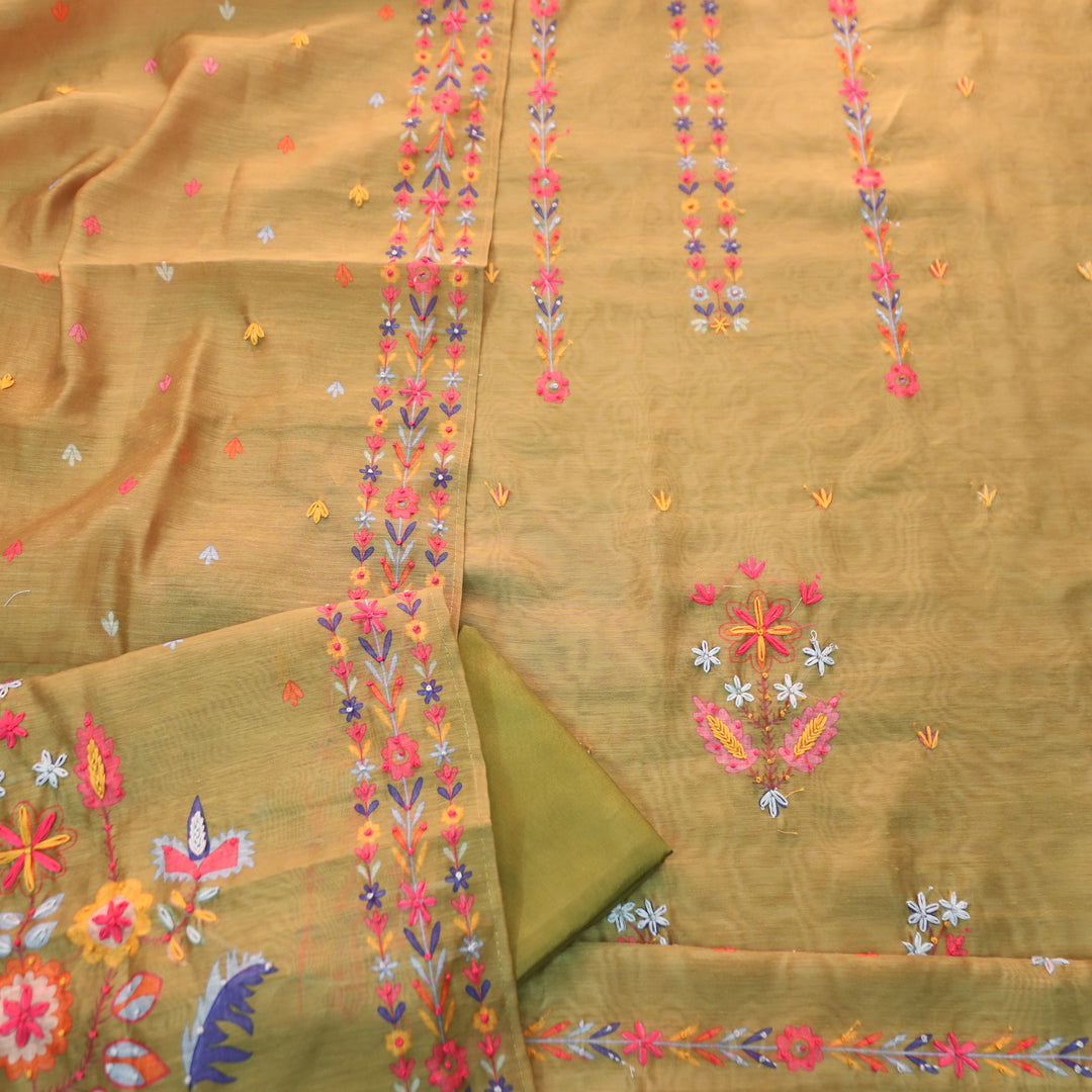Avisha Olive Green Kolkata Hand Kantha Embroidered Work Chanderi Suit Set