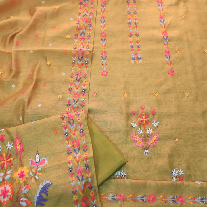 Avisha Olive Green Kolkata Hand Kantha Embroidered Work Chanderi Suit Set