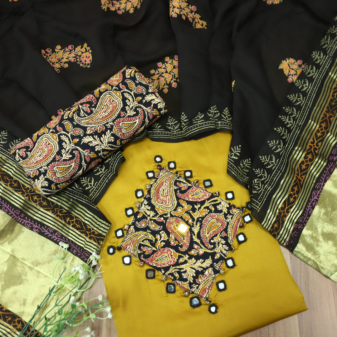 Saheli Yellow Mirror Work Applique Kalamkari Jam Cotton Set