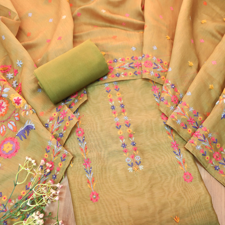 Avisha Olive Green Kolkata Hand Kantha Embroidered Work Chanderi Suit Set