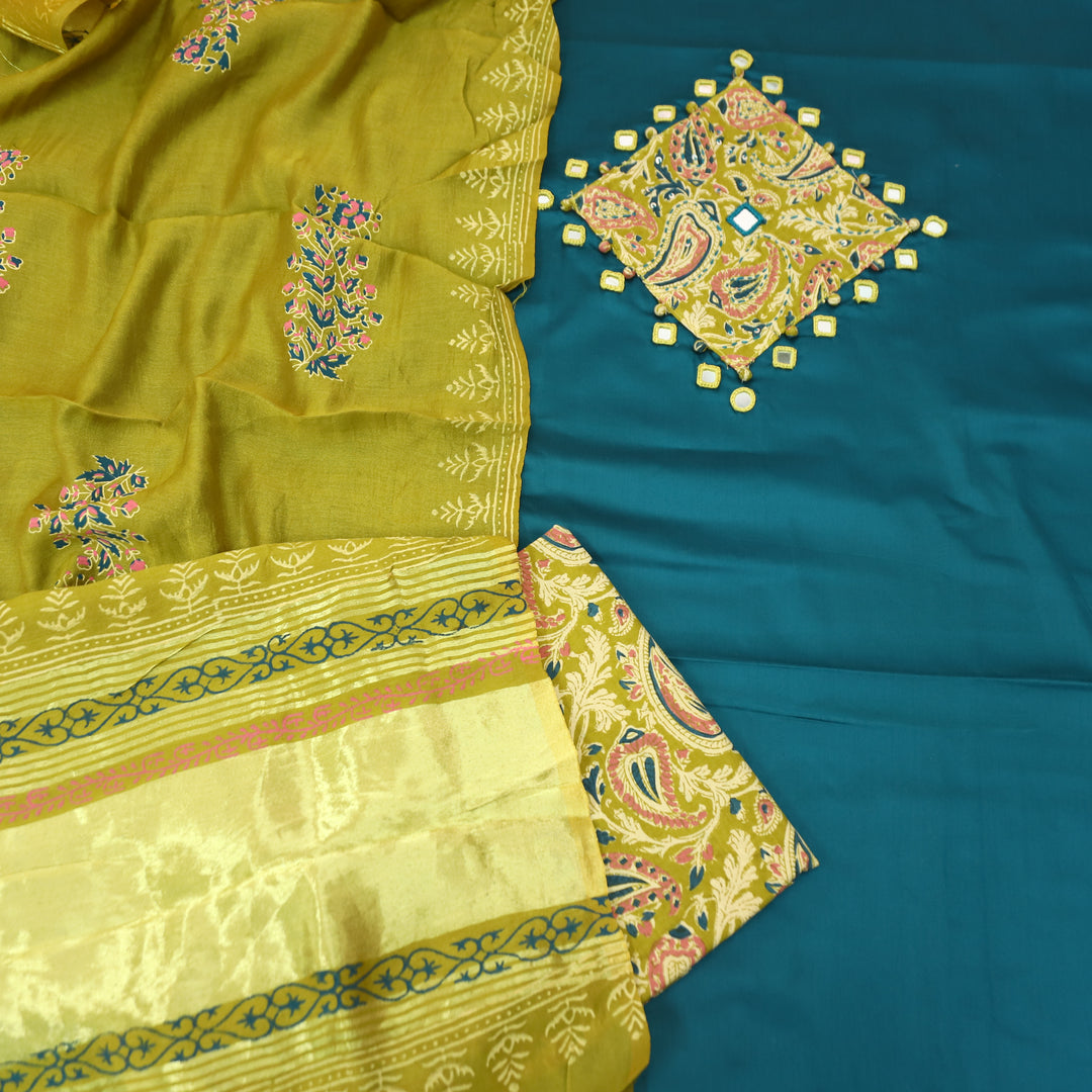 Saheli Teal Mirror Work Applique Kalamkari Jam Cotton Set