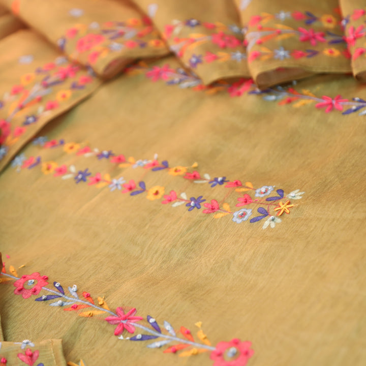 Avisha Olive Green Kolkata Hand Kantha Embroidered Work Chanderi Suit Set