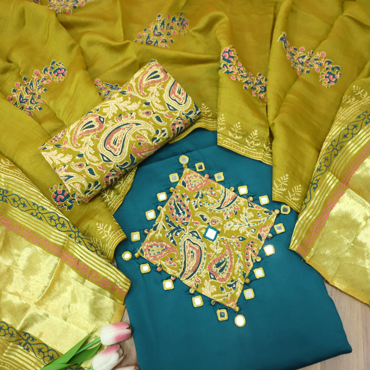 Saheli Teal Mirror Work Applique Kalamkari Jam Cotton Set