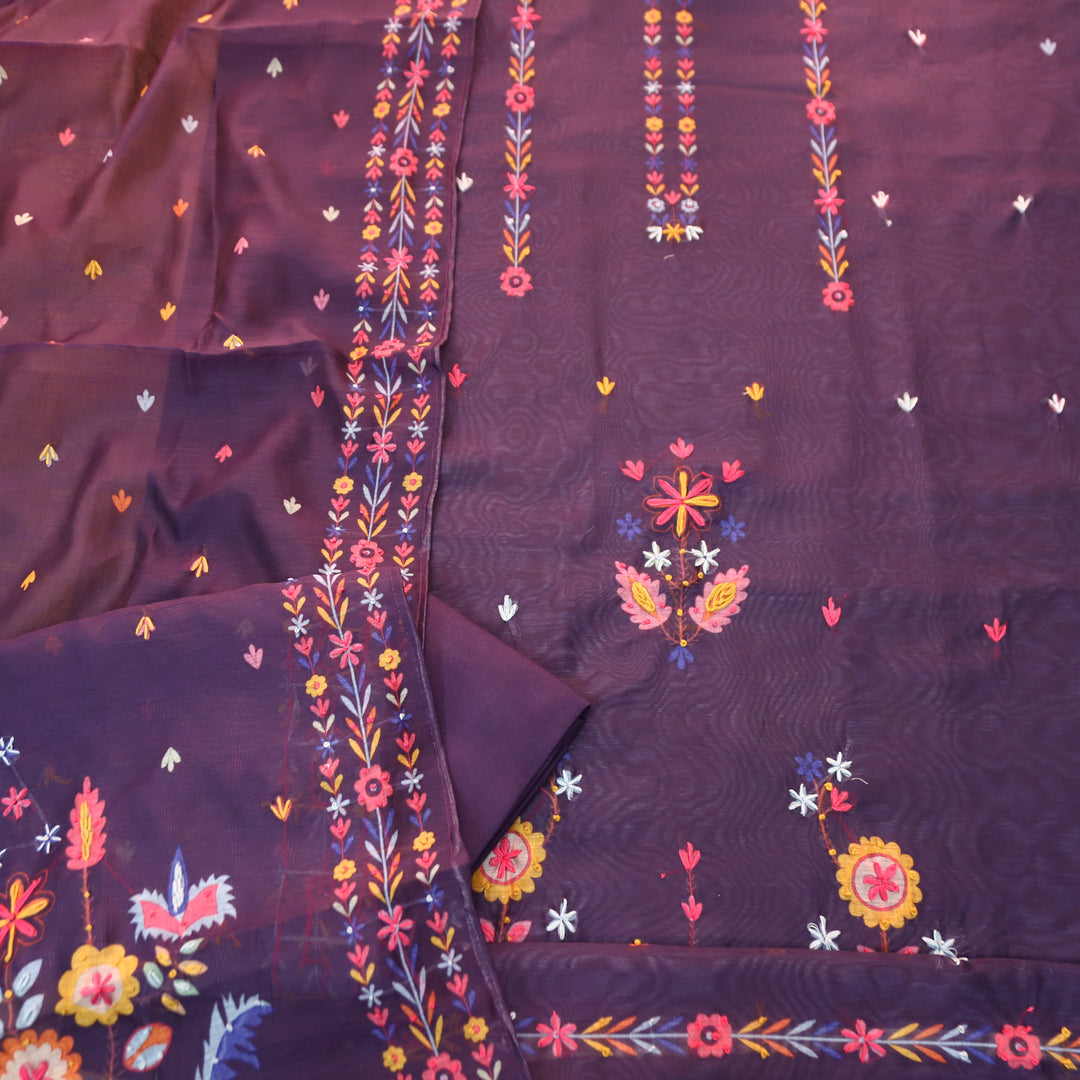 Avisha Blueberry Purple Kolkata Hand Kantha Embroidered Work Chanderi Suit Set
