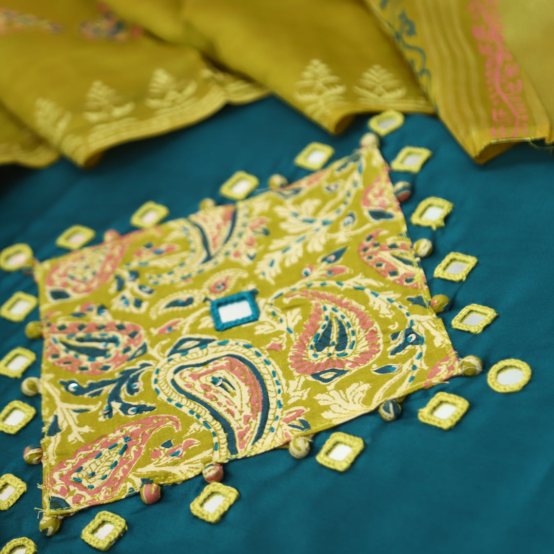 Saheli Teal Mirror Work Applique Kalamkari Jam Cotton Set