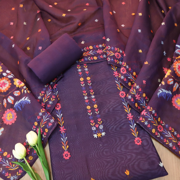 Avisha Blueberry Purple Kolkata Hand Kantha Embroidered Work Chanderi Suit Set