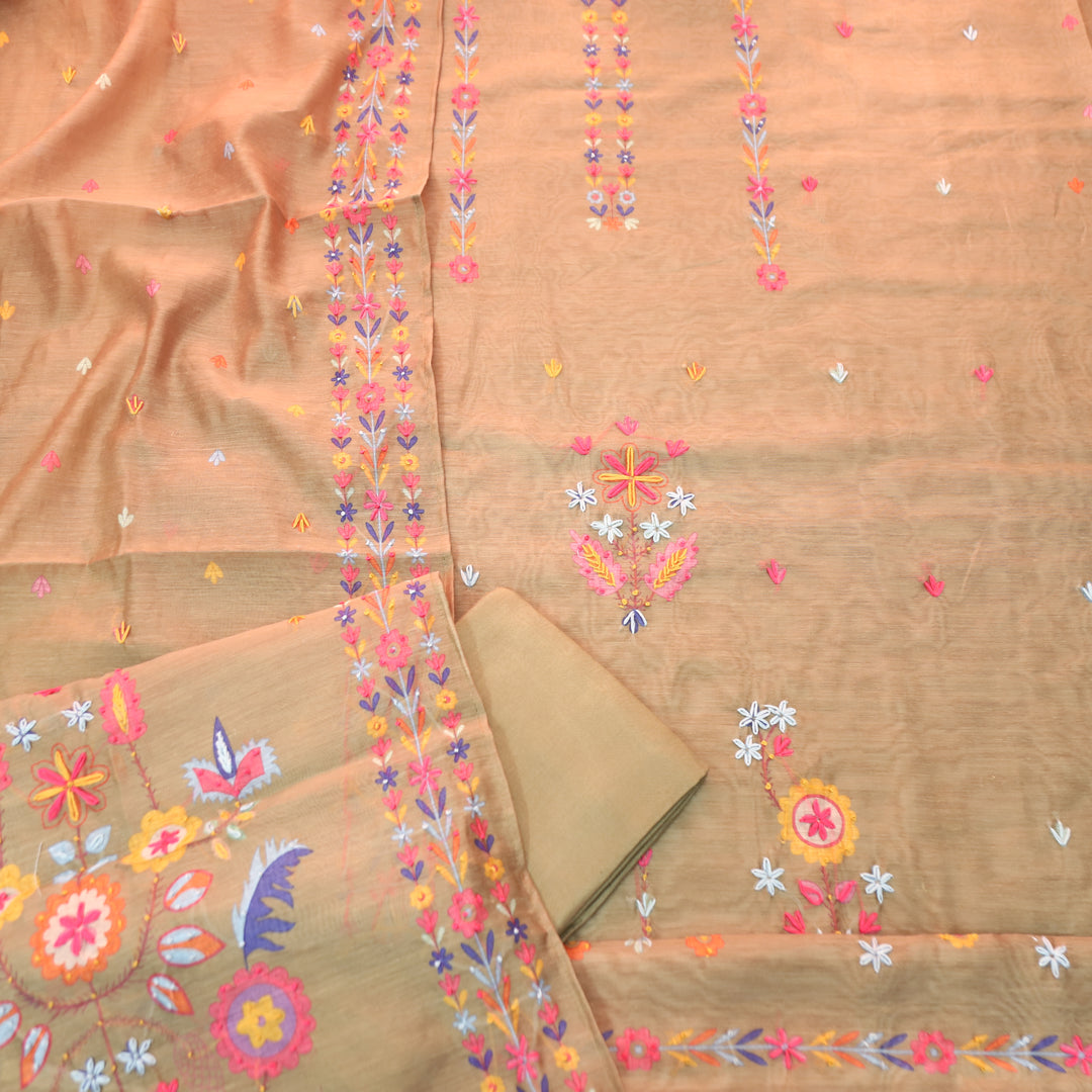 Avisha Hazel Tan Beige Kolkata Hand Kantha Embroidered Work Chanderi Suit Set