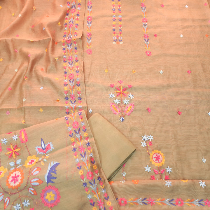 Avisha Hazel Tan Beige Kolkata Hand Kantha Embroidered Work Chanderi Suit Set