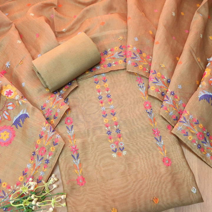 Avisha Hazel Tan Beige Kolkata Hand Kantha Embroidered Work Chanderi Suit Set