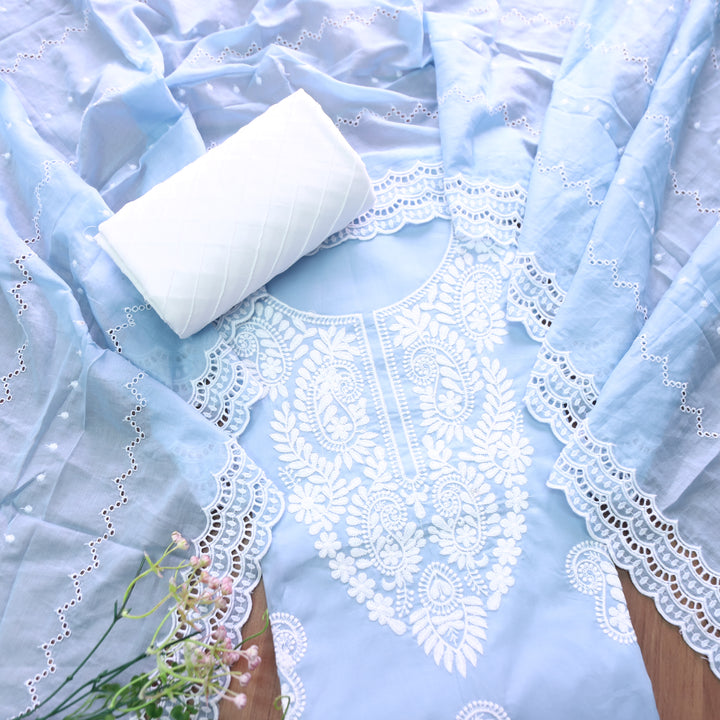 Khusboo Powder Blue Chikankari inspired Thread Neck Work Cotton Suit Set