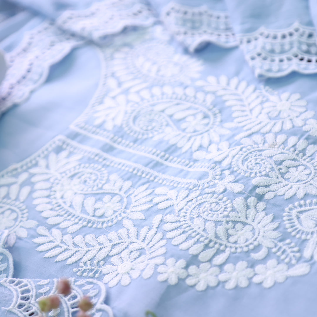 Khusboo Powder Blue Chikankari inspired Thread Neck Work Cotton Suit Set