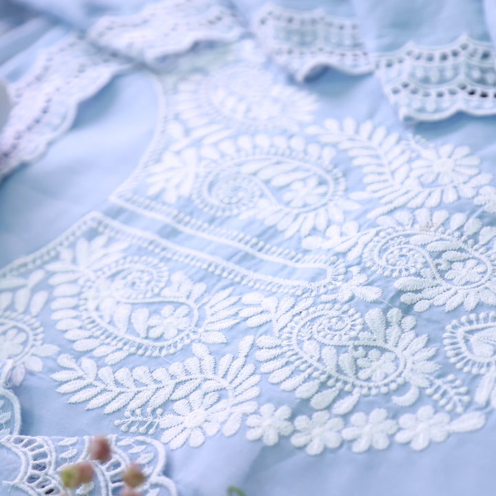 Khusboo Powder Blue Chikankari inspired Thread Neck Work Cotton Suit Set