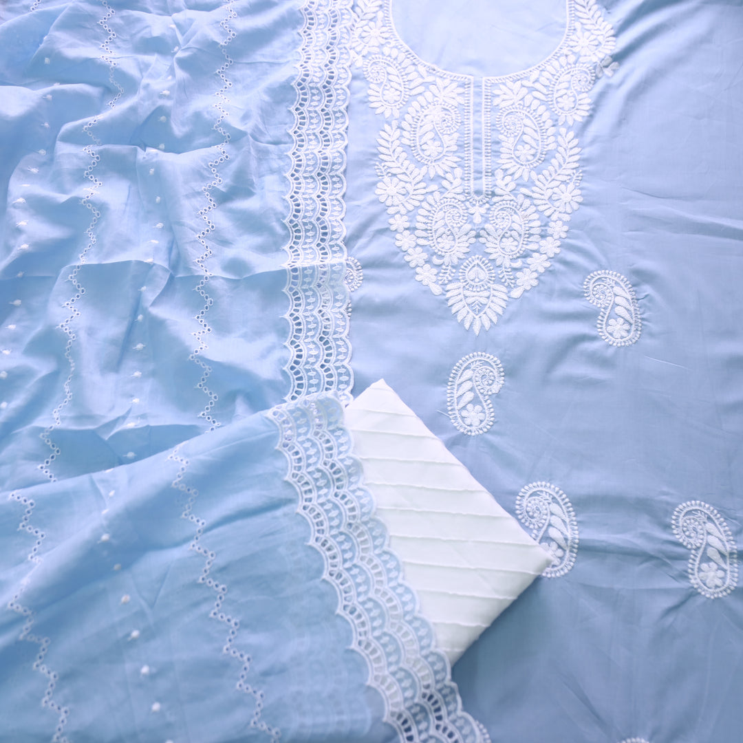 Khusboo Powder Blue Chikankari inspired Thread Neck Work Cotton Suit Set