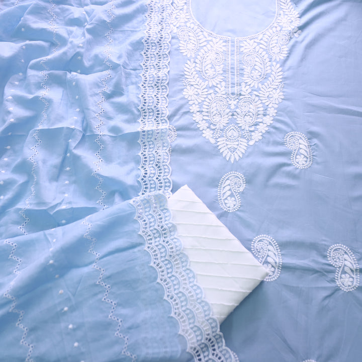Khusboo Powder Blue Chikankari inspired Thread Neck Work Cotton Suit Set