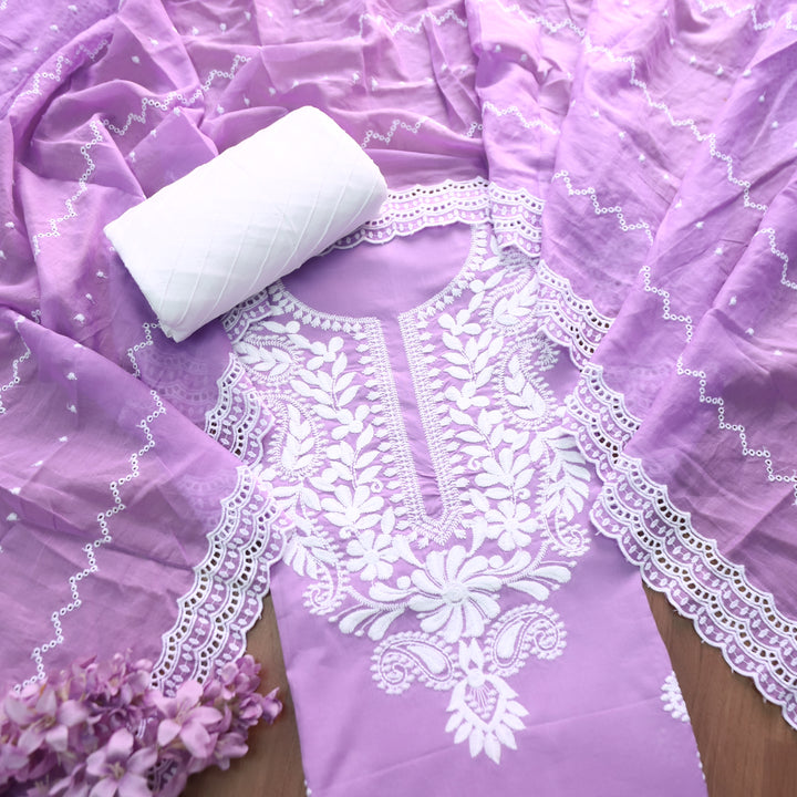 Khusboo Orchid Purple Chikankari inspired Thread Neck Work Cotton Suit Set