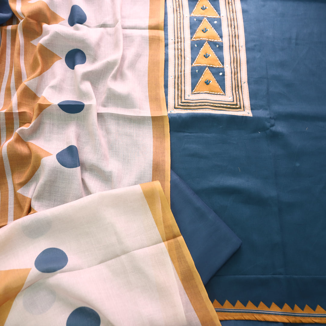 Bansi Ceru Teal Kardana with Printed Yoke and Hem Glazed Cotton Set