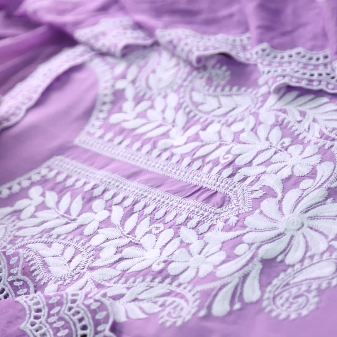 Khusboo Orchid Purple Chikankari inspired Thread Neck Work Cotton Suit Set