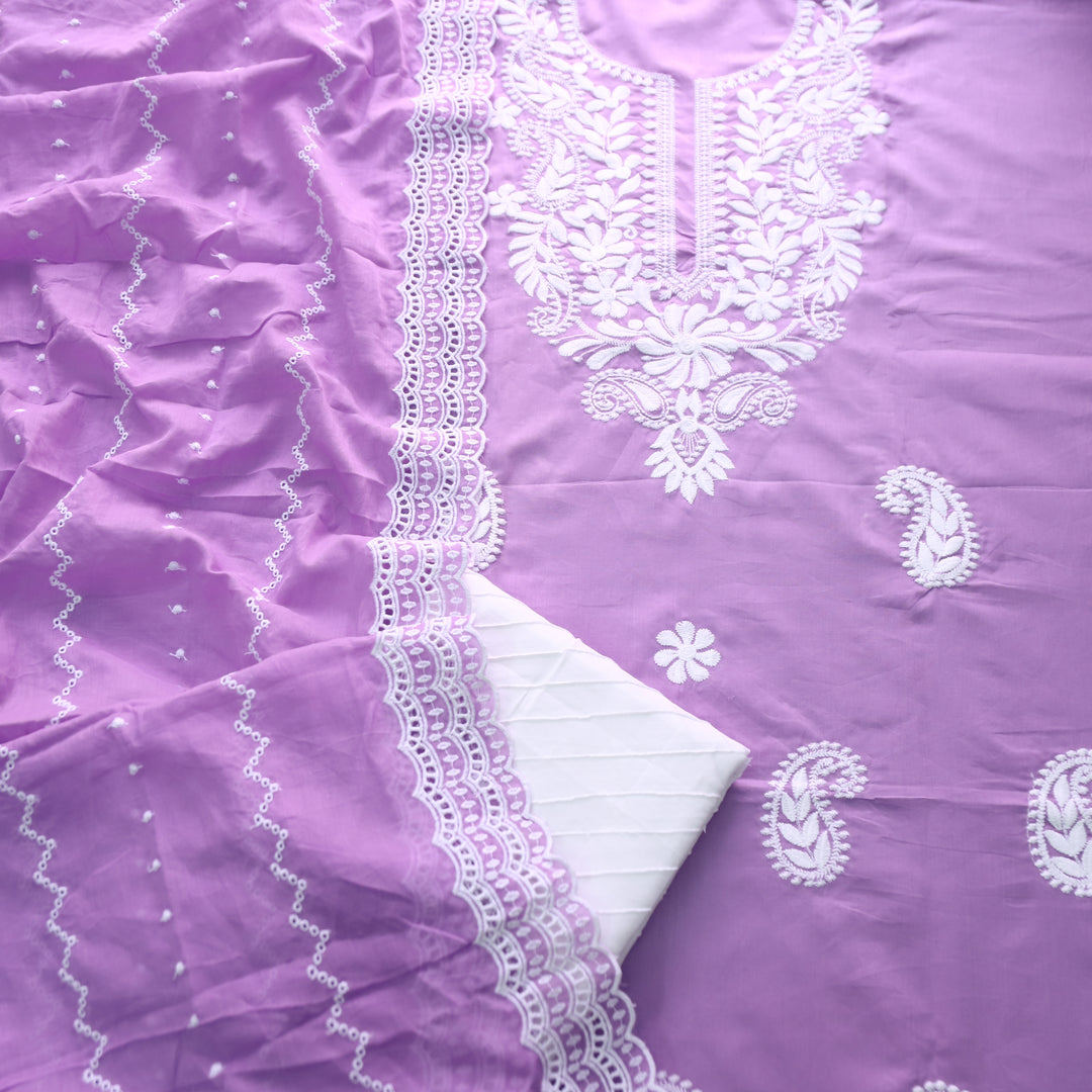 Khusboo Orchid Purple Chikankari inspired Thread Neck Work Cotton Suit Set