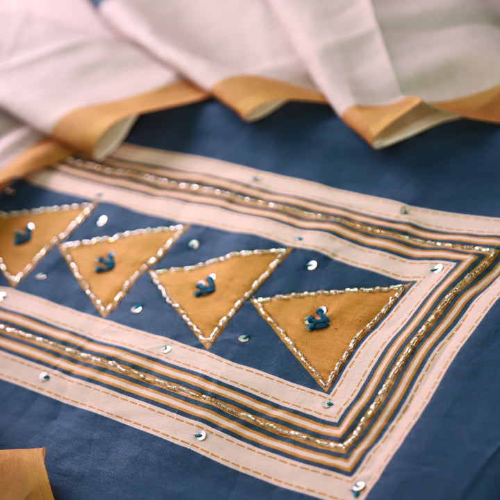 Bansi Ceru Teal Kardana with Printed Yoke and Hem Glazed Cotton Set