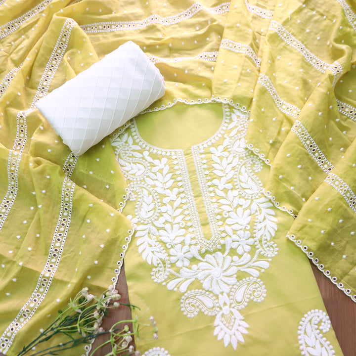 Khusboo Tulip Yellow Chikankari inspired Thread Neck Work Cotton Suit Set