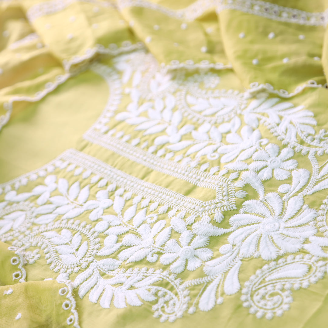 Khusboo Tulip Yellow Chikankari inspired Thread Neck Work Cotton Suit Set