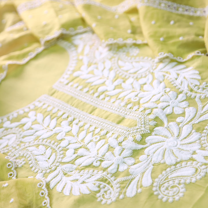 Khusboo Tulip Yellow Chikankari inspired Thread Neck Work Cotton Suit Set