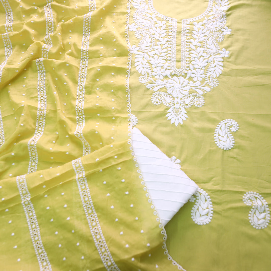 Khusboo Tulip Yellow Chikankari inspired Thread Neck Work Cotton Suit Set