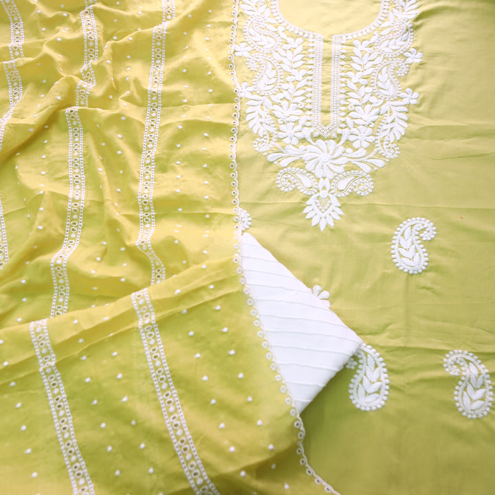 Khusboo Tulip Yellow Chikankari inspired Thread Neck Work Cotton Suit Set