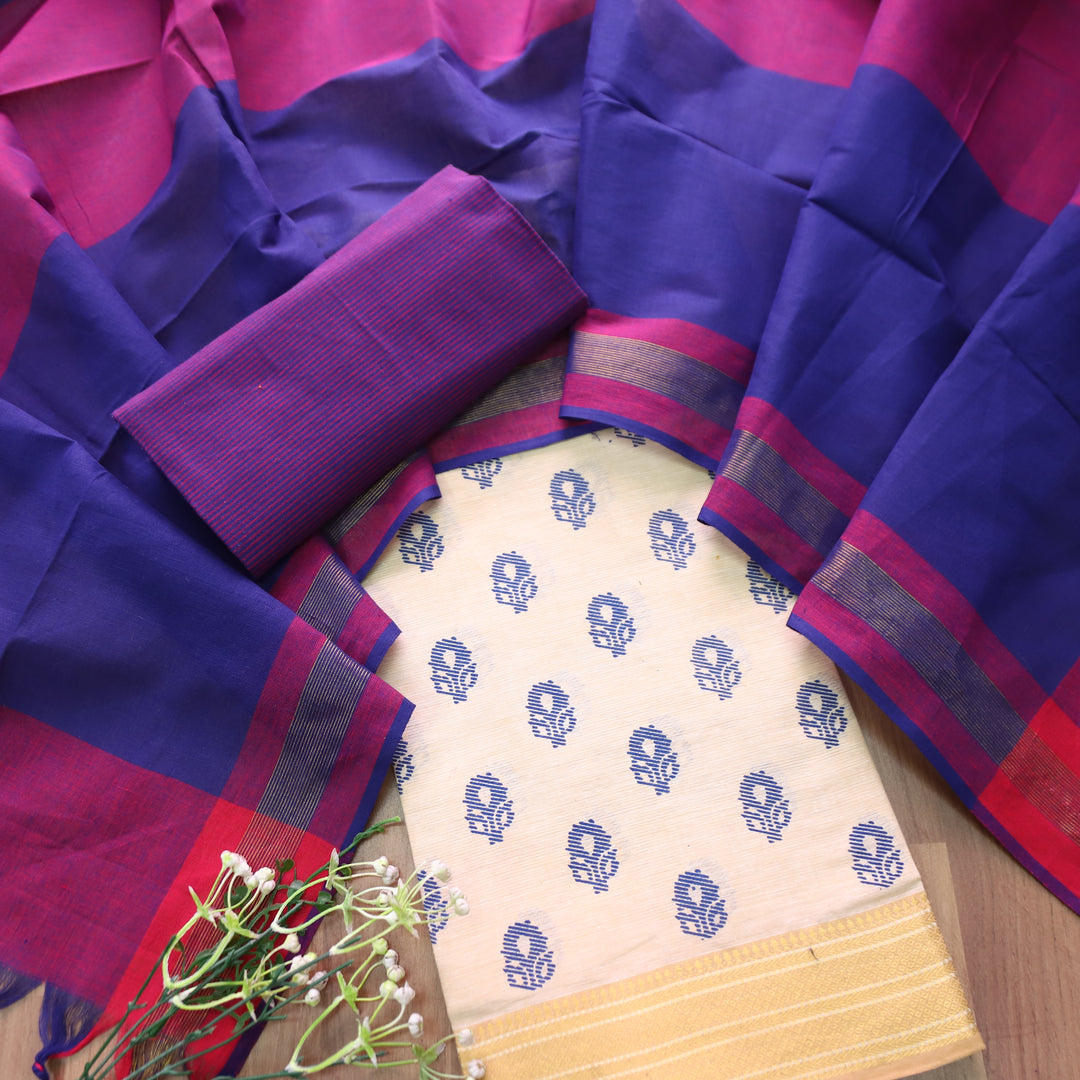 Chaahat Base Cream with Blue Pigment Printed Mangalgiri Hem South Cotton Set