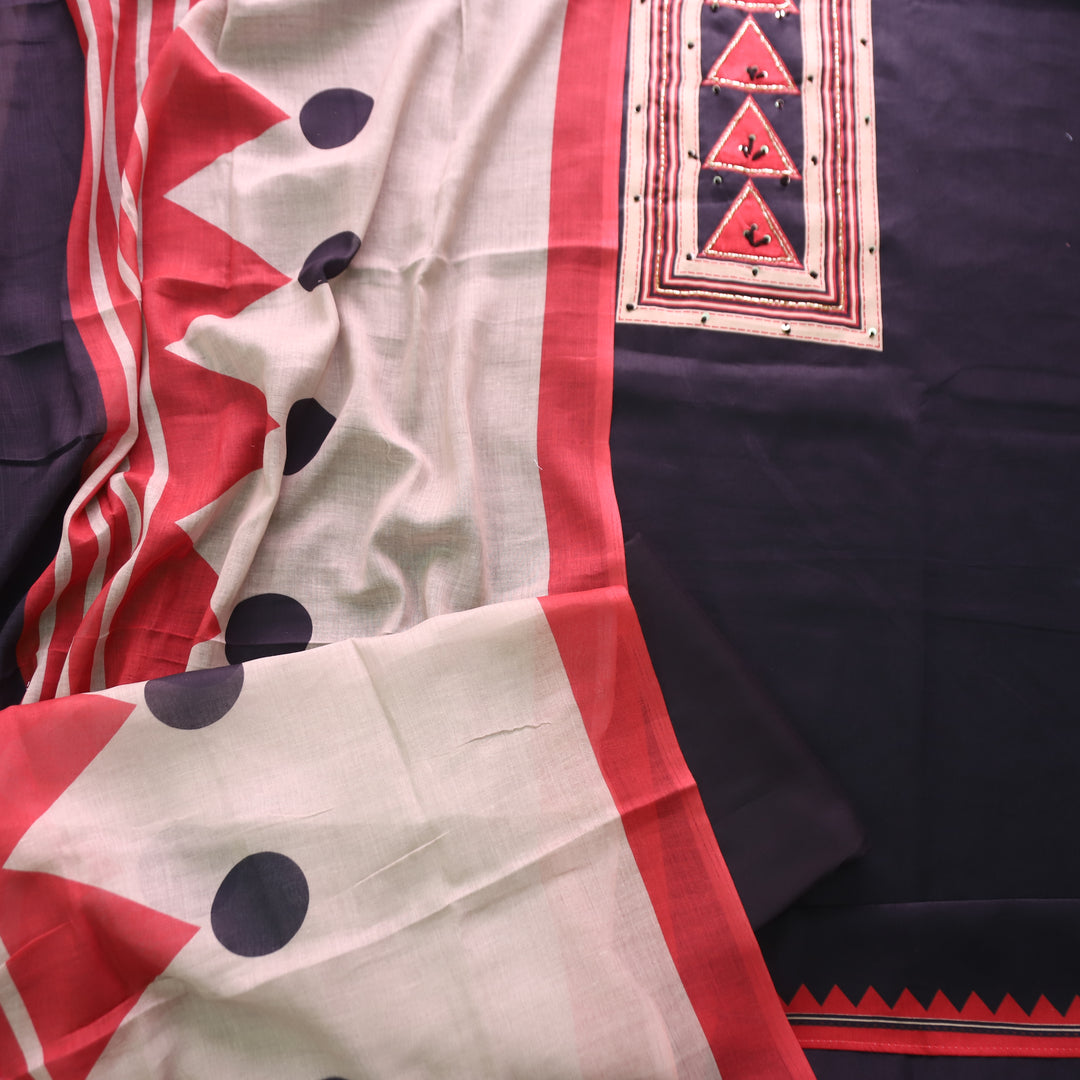 Bansi Kajal Black Kardana with Printed Yoke and Hem Glazed Cotton Set