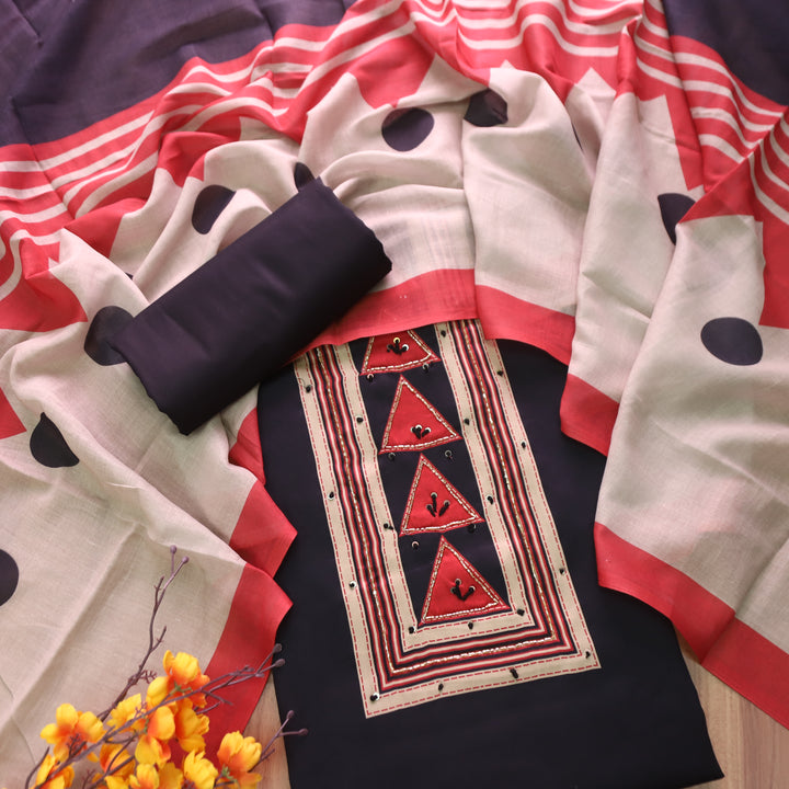 Bansi Kajal Black Kardana with Printed Yoke and Hem Glazed Cotton Set