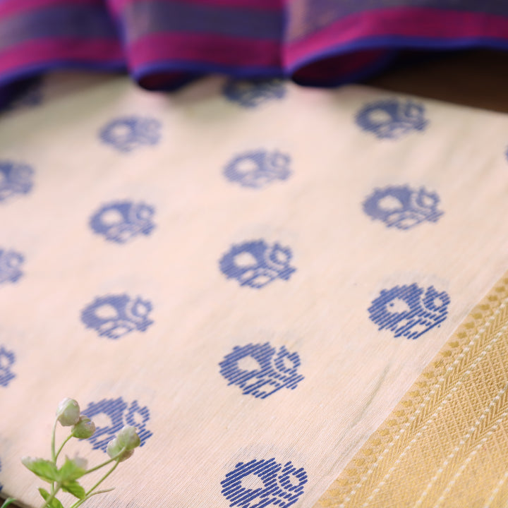 Chaahat Base Cream with Blue Pigment Printed Mangalgiri Hem South Cotton Set