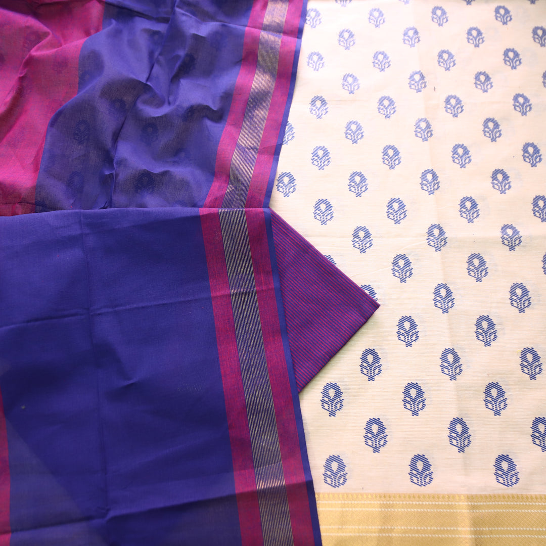 Chaahat Base Cream with Blue Pigment Printed Mangalgiri Hem South Cotton Set