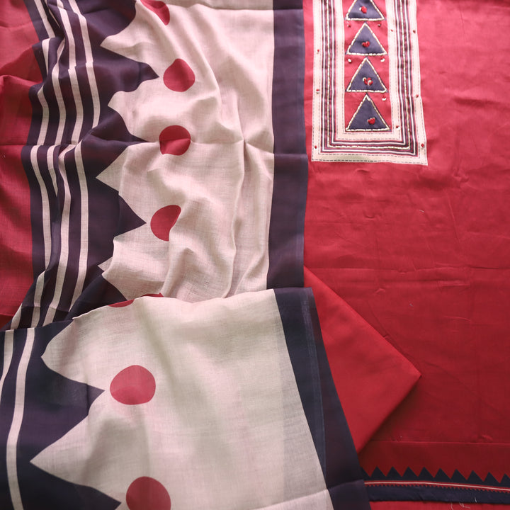 Bansi Cherry Red Kardana with Printed Yoke and Hem Glazed Cotton Set