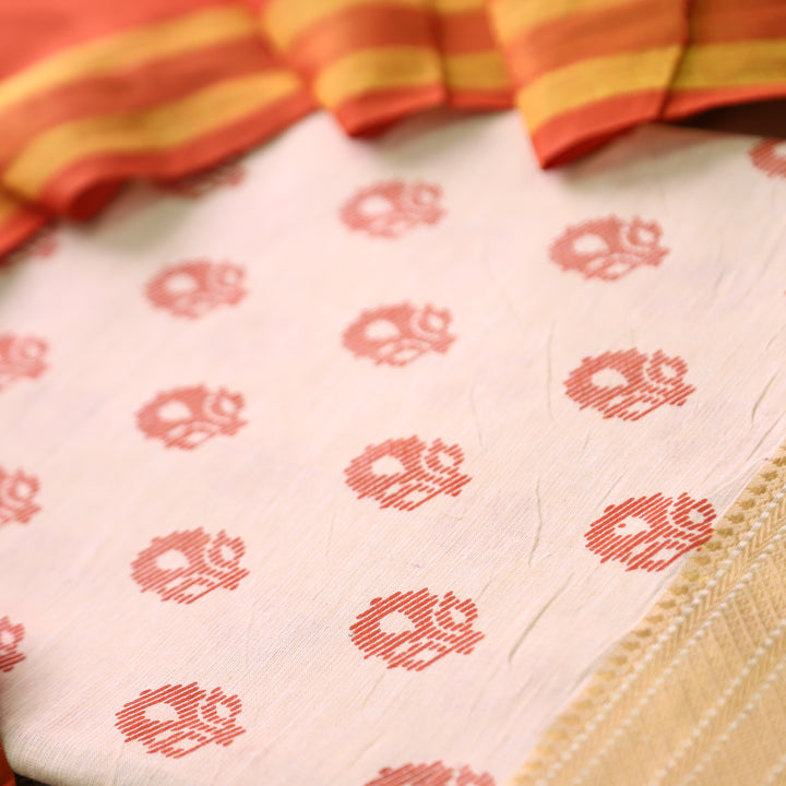 Chaahat Base Cream with Orange Pigment Printed Mangalgiri Hem South Cotton Set