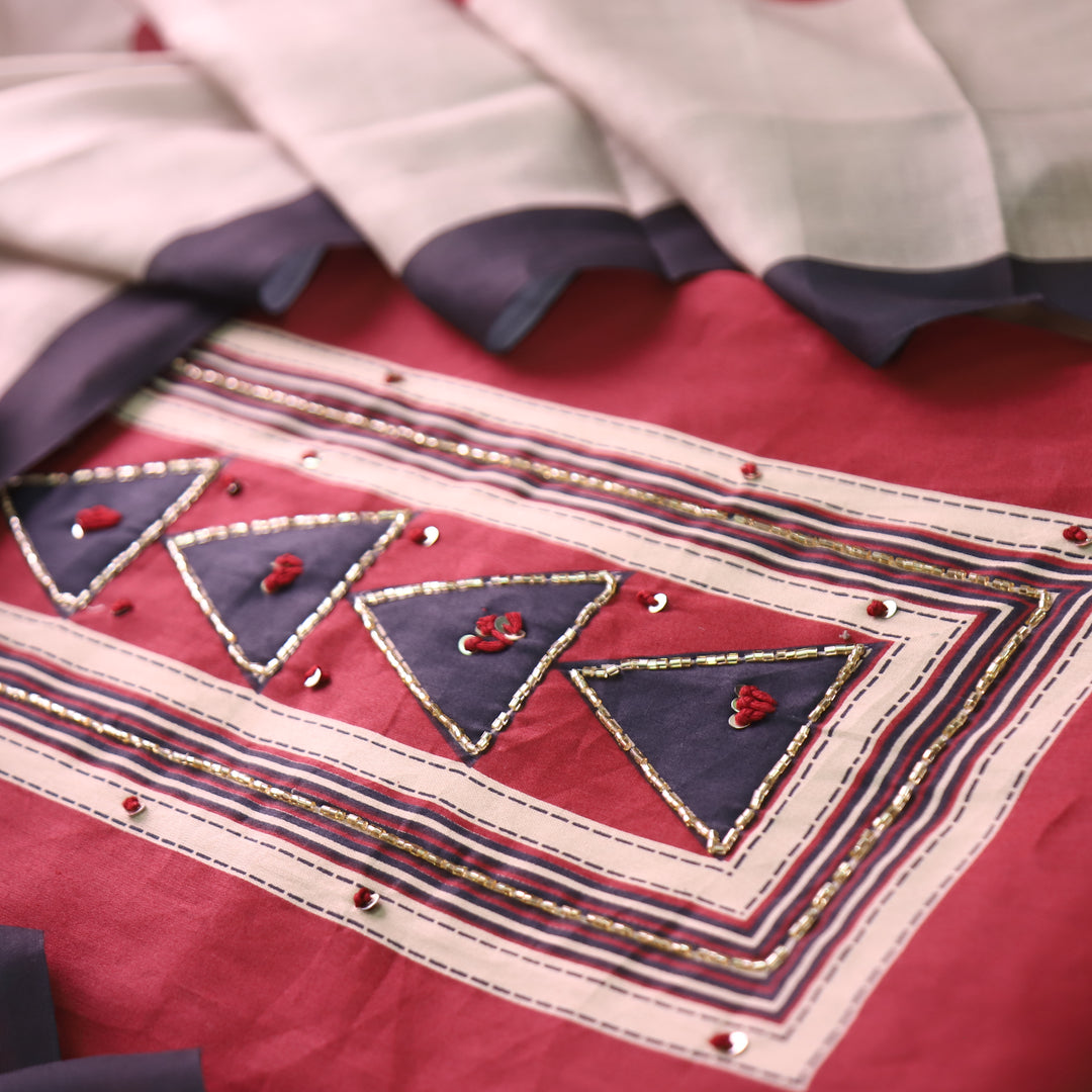 Bansi Cherry Red Kardana with Printed Yoke and Hem Glazed Cotton Set