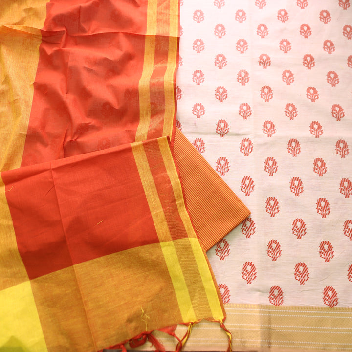 Chaahat Base Cream with Orange Pigment Printed Mangalgiri Hem South Cotton Set