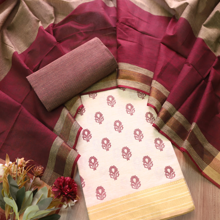Chaahat Base Cream with Wine Pigment Printed Mangalgiri Hem South Cotton Set